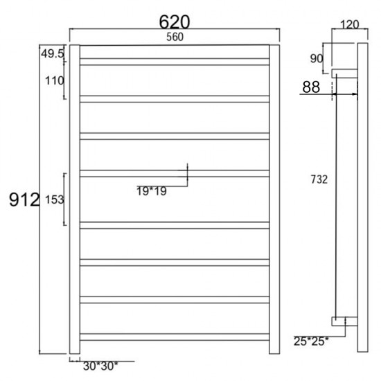 912x620x120mm Square Chrome Electric Heated Towel Rack 8 Bars