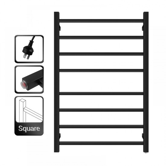 620x912x120mm Square Matt Black Electric Heated Towel Rack 8 Bars