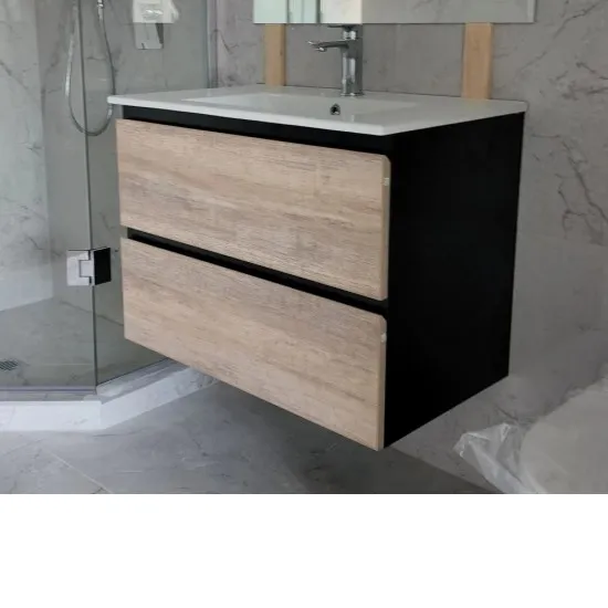 600X460X580MM PLYWOOD 600 WALL HUNG VANITY BLACK AND LIGHT OAK WITH