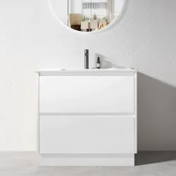 POLO 900X460X850MM PLYWOOD FLOOR STANDING VANITY - WHITE GLOSS WITH CERAMIC TOP