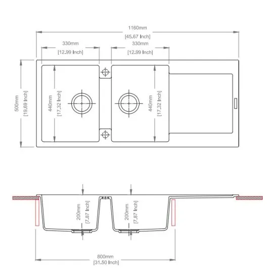 1160*500*200mm White Granite Quartz Stone Kitchen Sink Double Bowls