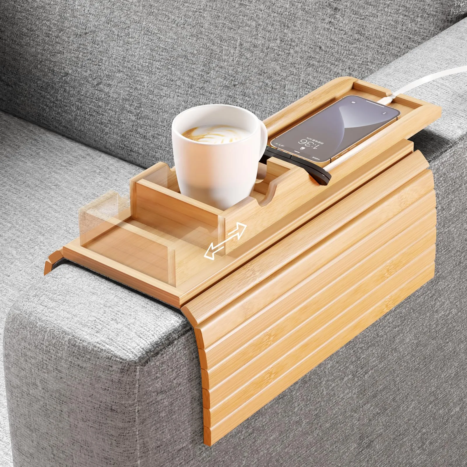 Living Room Lounge In Bamboo Slide-Away Sofa Armrest Tray Cup