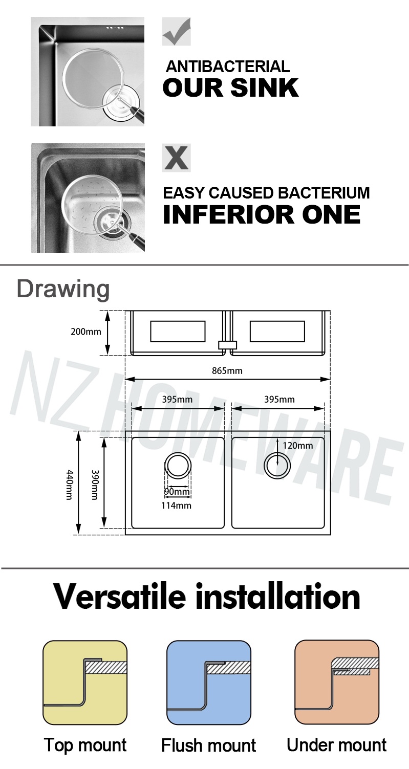 Double Bowl Kitchen Sink Topmount Undermount Stainless Steel 1 2mm